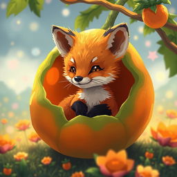 A cute little fox cub sitting inside a vibrant physalis fruit, surrounded by a soft glow and pixel art style, showcasing detailed pixelated textures that capture the warmth and charm of the scene