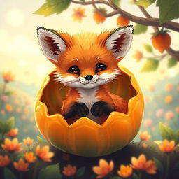 A cute little fox cub sitting inside a vibrant physalis fruit, surrounded by a soft glow and pixel art style, showcasing detailed pixelated textures that capture the warmth and charm of the scene