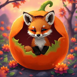 A cute little fox cub sitting inside a vibrant physalis fruit, surrounded by a soft glow and pixel art style, showcasing detailed pixelated textures that capture the warmth and charm of the scene