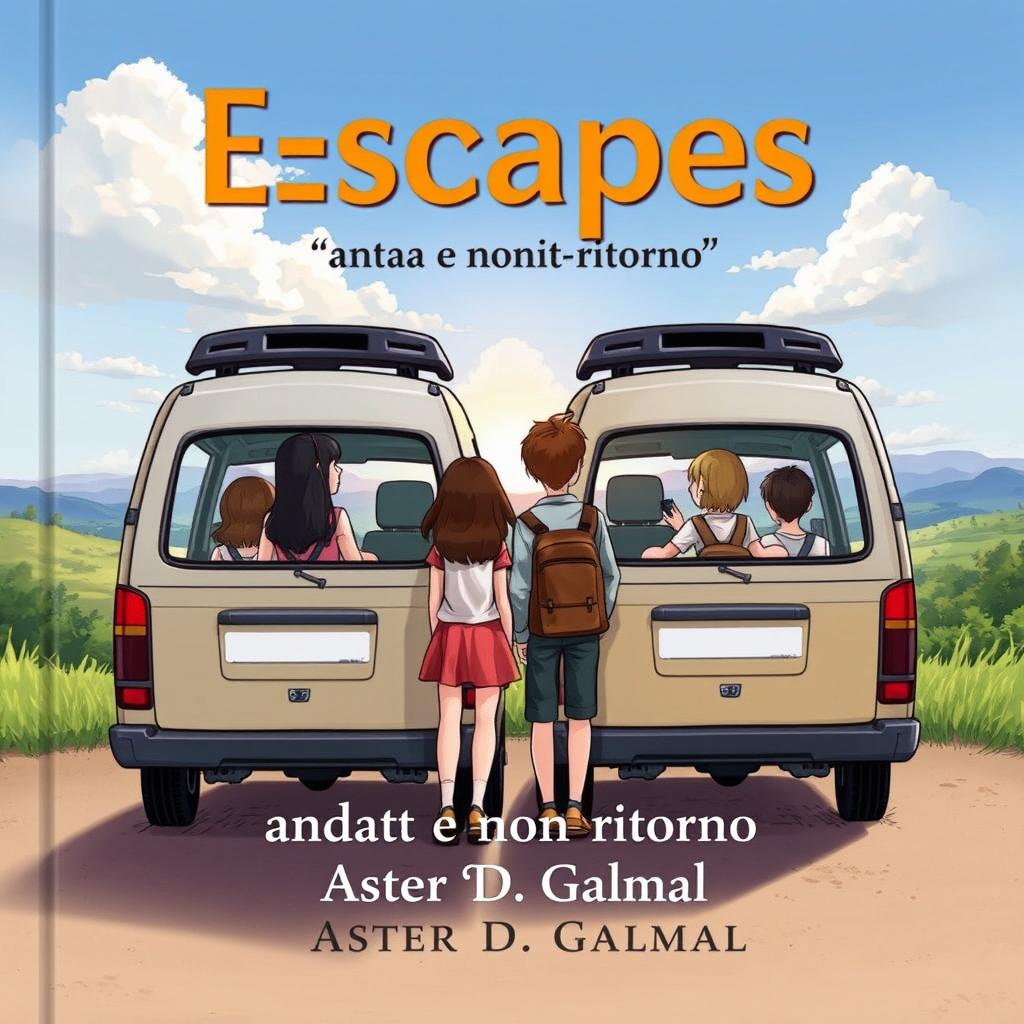 A captivating cover illustration featuring two minivans with three girls and three boys standing with their backs to the viewer, gazing out into a beautiful landscape