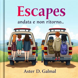 A captivating cover illustration featuring two minivans with three girls and three boys standing with their backs to the viewer, gazing out into a beautiful landscape