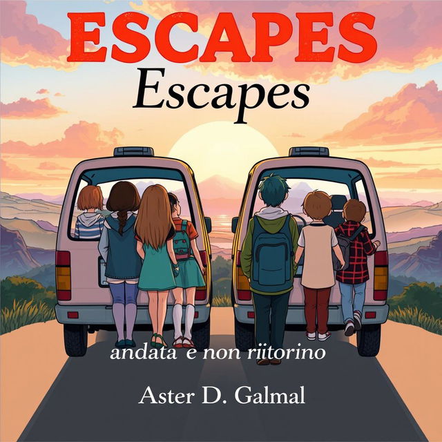 A captivating cover illustration featuring two minivans with three girls and three boys standing with their backs to the viewer, gazing out into a beautiful landscape