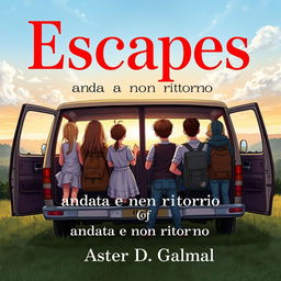 A captivating cover illustration featuring two minivans with three girls and three boys standing with their backs to the viewer, gazing out into a beautiful landscape