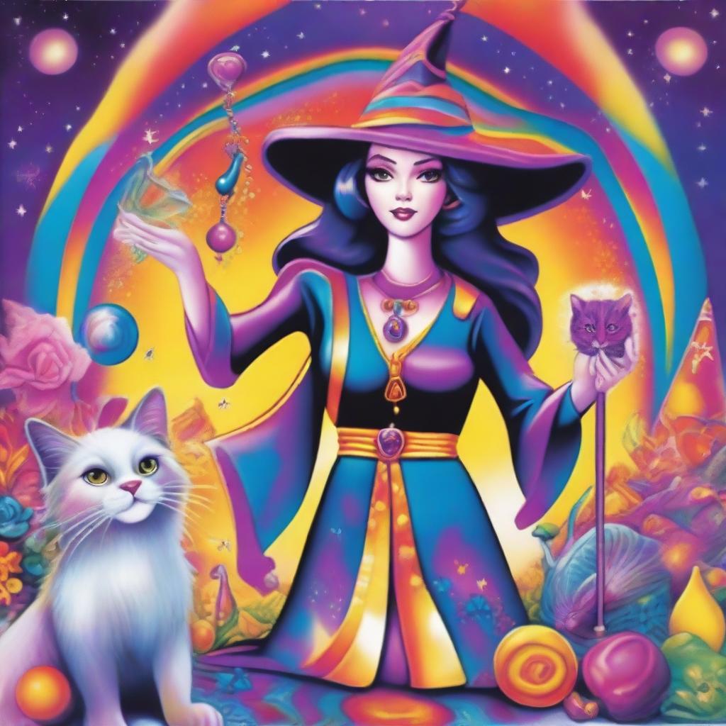 The Magician Tarot card portrayed in Lisa Frank's vibrant style, featuring a joyful witch as the main character