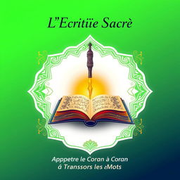 A book cover illustration featuring a calligraphy pen (qalam) and an ink pot, adorned with intricate golden Islamic geometric patterns on a gradient background that transitions elegantly from green to white