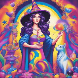 The Magician Tarot card portrayed in Lisa Frank's vibrant style, featuring a joyful witch as the main character