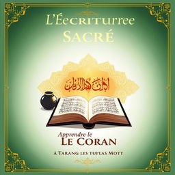 A book cover illustration featuring a calligraphy pen (qalam) and an ink pot, adorned with intricate golden Islamic geometric patterns on a gradient background that transitions elegantly from green to white