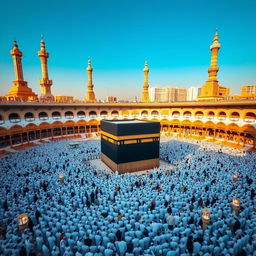 A stunning view of the Kaaba in Mecca, surrounded by thousands of pilgrims in white Ihram clothing