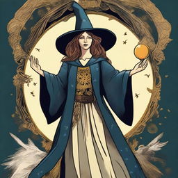 The Magician Tarot card featuring a jubilant witch as the main character