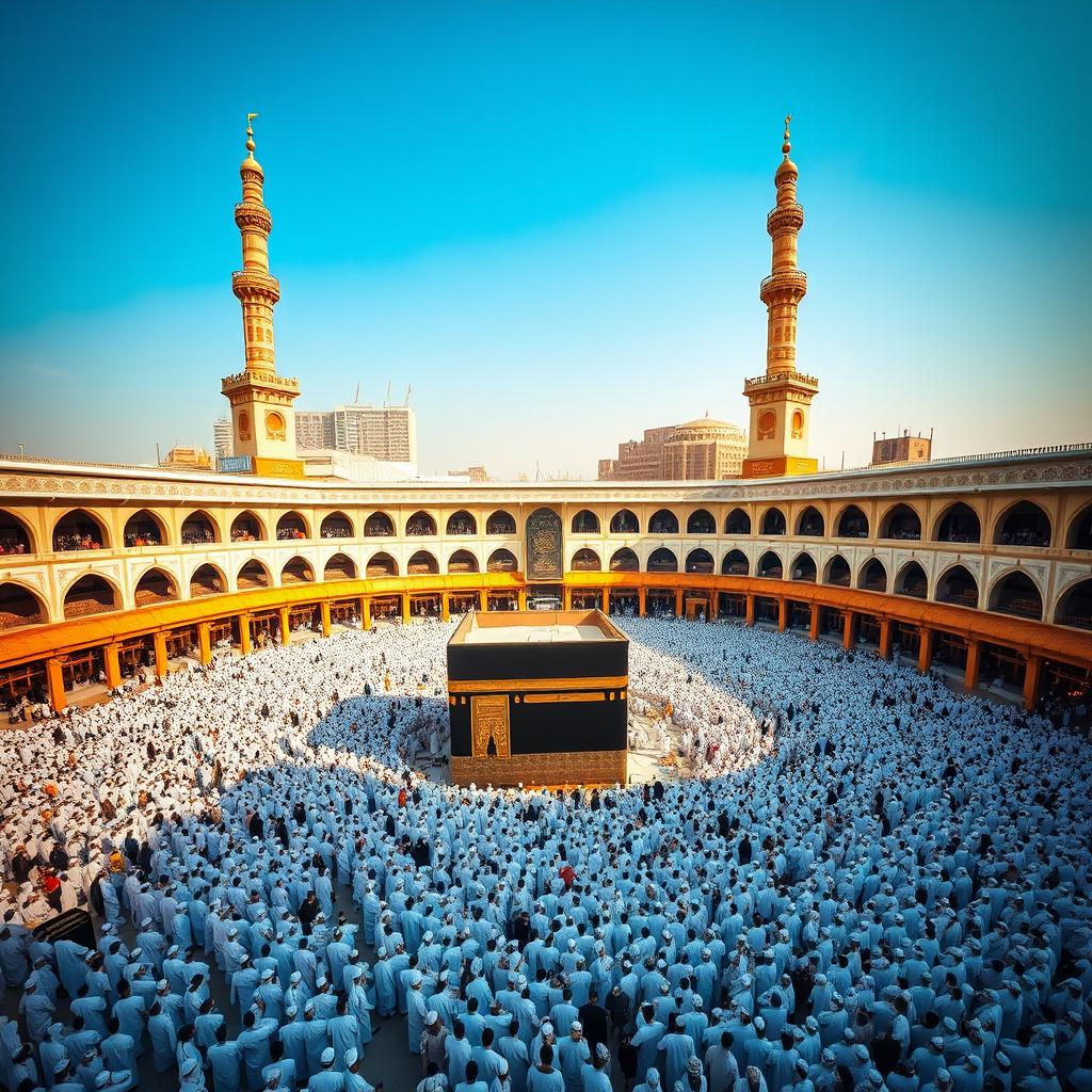 A stunning view of the Kaaba in Mecca, surrounded by thousands of pilgrims in white Ihram clothing