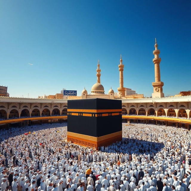 A stunning view of the Kaaba in Mecca, surrounded by thousands of pilgrims in white Ihram clothing