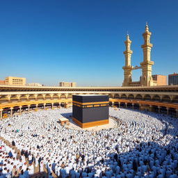 A stunning view of the Kaaba in Mecca, surrounded by thousands of pilgrims in white Ihram clothing