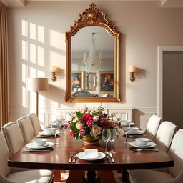 A beautifully designed dining room featuring an elegant, large mirror on the wall that reflects the space