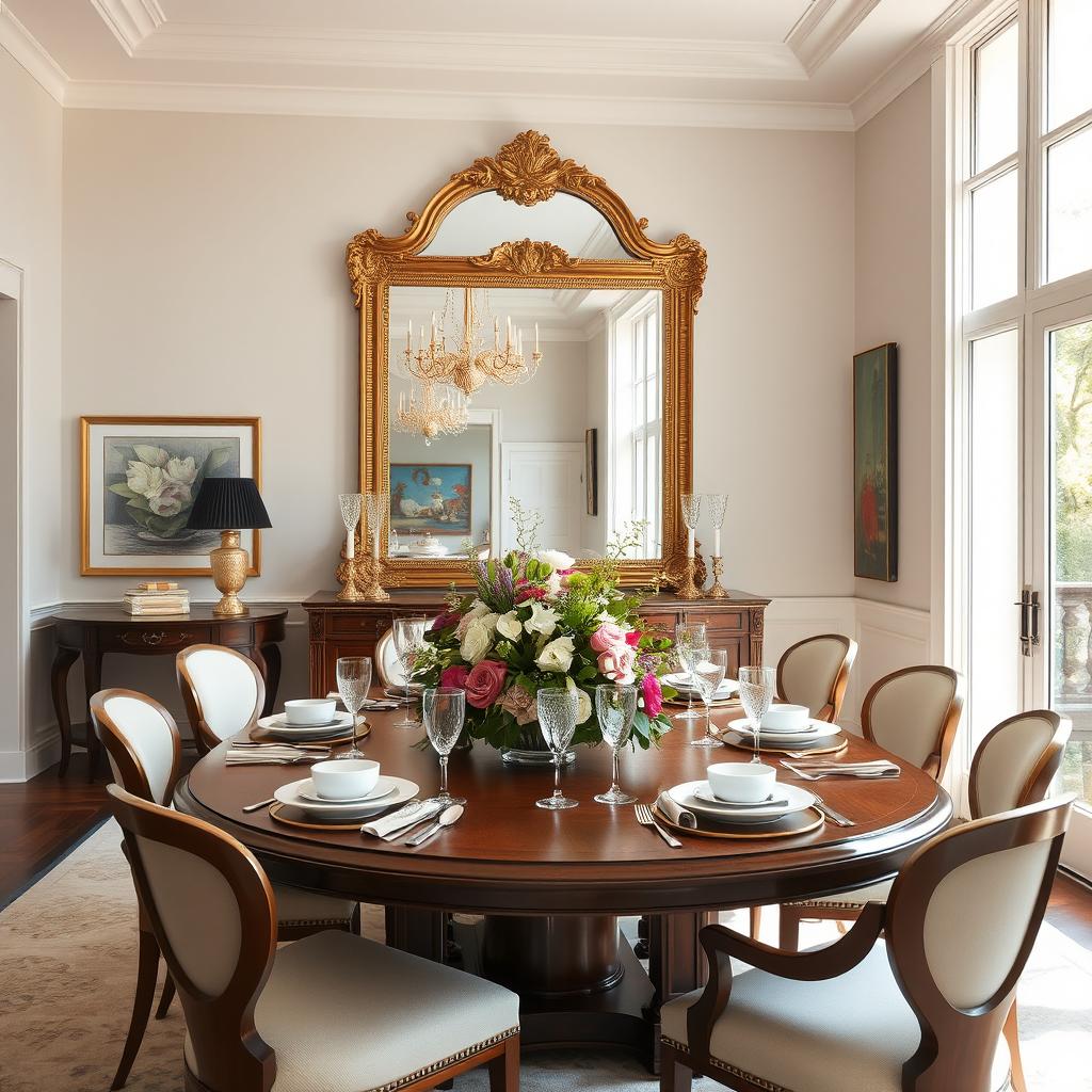 A beautifully designed dining room featuring an elegant, large mirror on the wall that reflects the space