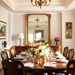 A beautifully designed dining room featuring an elegant, large mirror on the wall that reflects the space