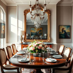 A beautifully designed dining room featuring an elegant, large mirror on the wall that reflects the space