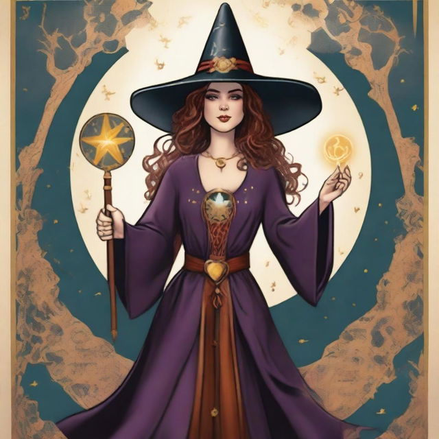 The Magician Tarot card featuring a jubilant witch as the main character