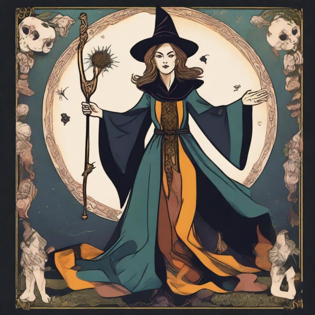 The Magician Tarot card featuring a jubilant witch as the main character