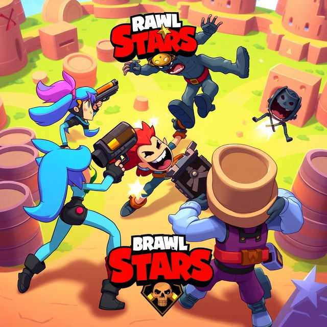 A dynamic and colorful scene featuring several characters from Brawl Stars, including Shelly, Colt, and El Primo, engaged in an intense battle in a vibrant arena filled with obstacles like barrels and walls