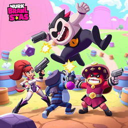 A dynamic and colorful scene featuring several characters from Brawl Stars, including Shelly, Colt, and El Primo, engaged in an intense battle in a vibrant arena filled with obstacles like barrels and walls