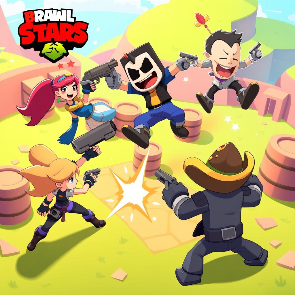 A dynamic and colorful scene featuring several characters from Brawl Stars, including Shelly, Colt, and El Primo, engaged in an intense battle in a vibrant arena filled with obstacles like barrels and walls