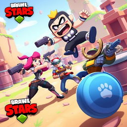 A dynamic and colorful scene featuring several characters from Brawl Stars, including Shelly, Colt, and El Primo, engaged in an intense battle in a vibrant arena filled with obstacles like barrels and walls
