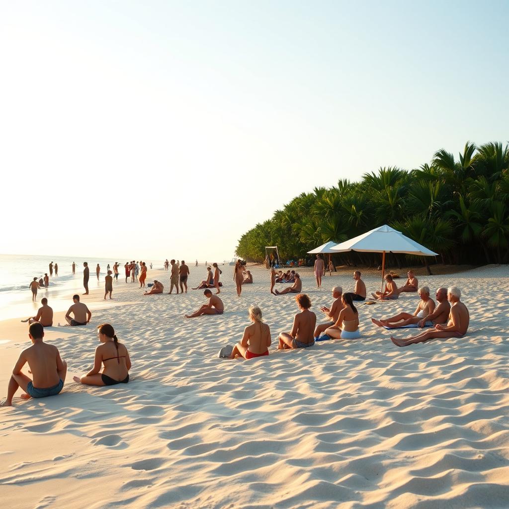 A serene nudist beach scene at sunrise, showcasing a diverse group of adults enjoying the natural beauty of the beach