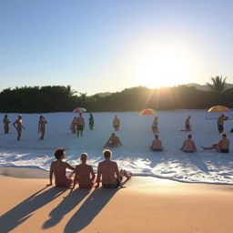 A serene nudist beach scene at sunrise, showcasing a diverse group of adults enjoying the natural beauty of the beach