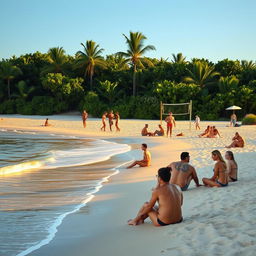 A serene nudist beach scene at sunrise, showcasing a diverse group of adults enjoying the natural beauty of the beach
