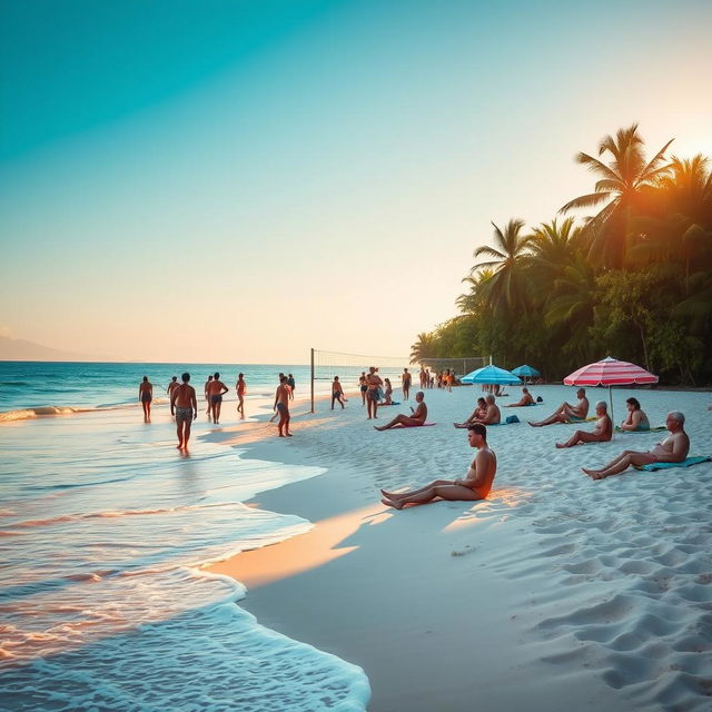 A serene nudist beach scene at sunrise, showcasing a diverse group of adults enjoying the natural beauty of the beach