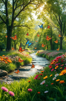 A magical scene of butterflies dancing gracefully in a lush garden filled with vibrant flowers