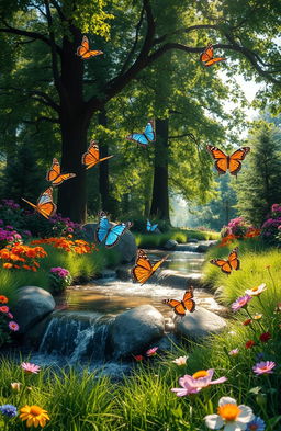 A magical scene of butterflies dancing gracefully in a lush garden filled with vibrant flowers