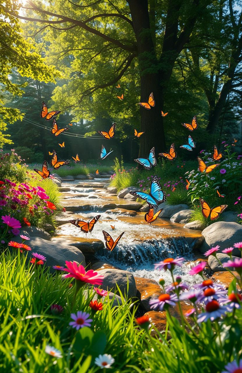 A magical scene of butterflies dancing gracefully in a lush garden filled with vibrant flowers