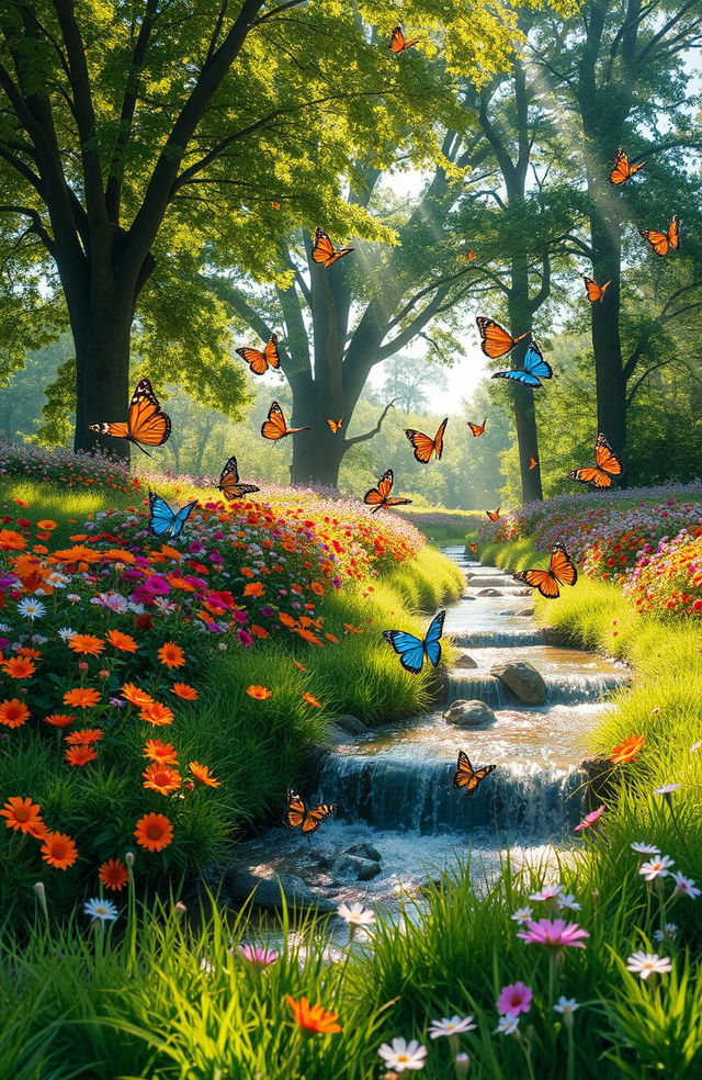 A magical scene of butterflies dancing gracefully in a lush garden filled with vibrant flowers