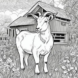 Black and white colouring book page featuring intricately detailed happy goat on a farm, with a barn in the background.