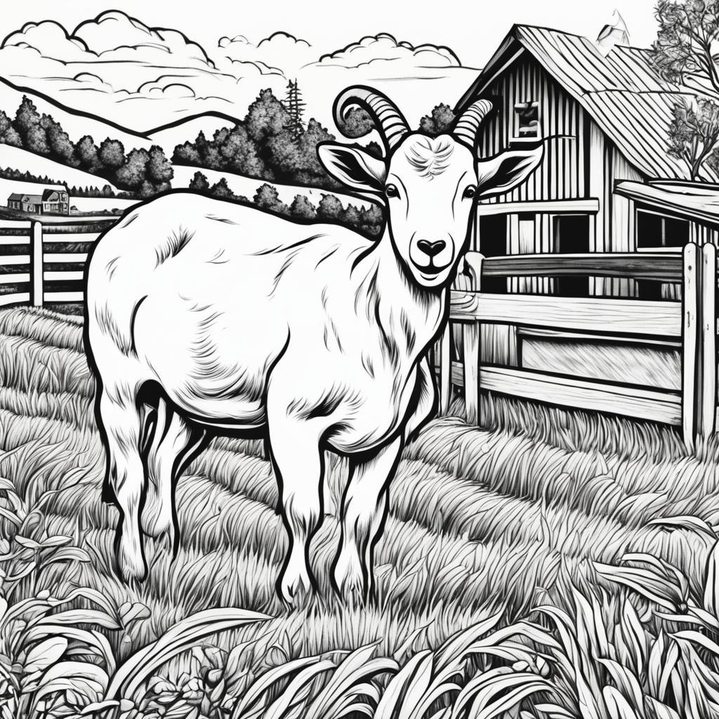 Black and white colouring book page featuring intricately detailed happy goat on a farm, with a barn in the background.