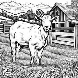 Black and white colouring book page featuring intricately detailed happy goat on a farm, with a barn in the background.