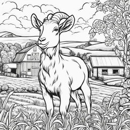 Black and white colouring book page featuring intricately detailed happy goat on a farm, with a barn in the background.