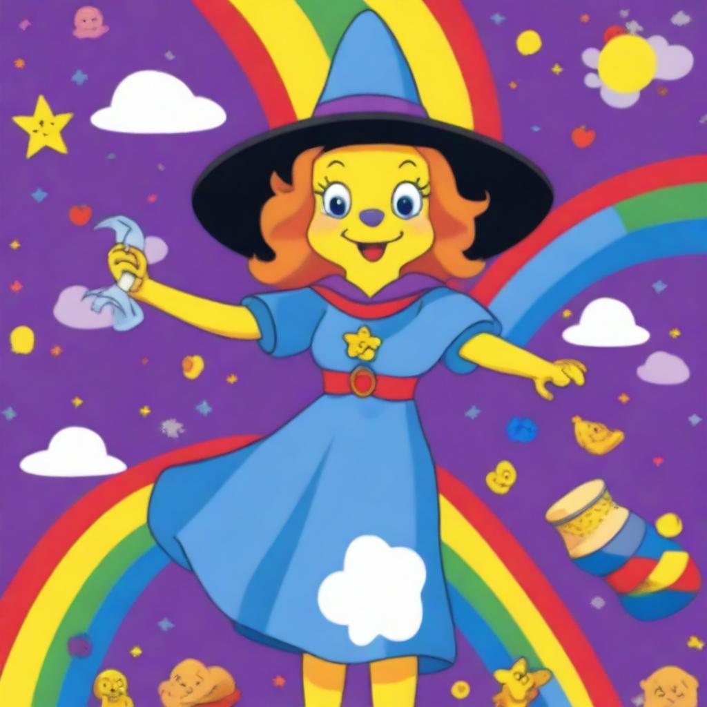 The Magician Tarot card reimagined with a cheerful witch as the main character, designed in the vibrant and iconic style of Care Bears