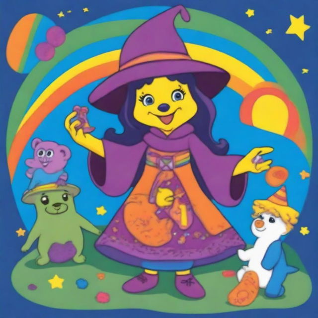 The Magician Tarot card reimagined with a cheerful witch as the main character, designed in the vibrant and iconic style of Care Bears