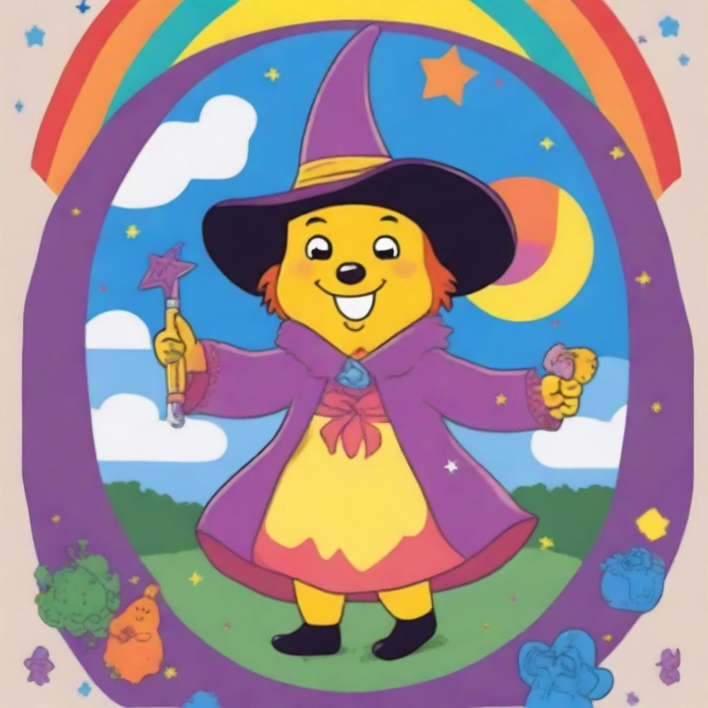 The Magician Tarot card reimagined with a cheerful witch as the main character, designed in the vibrant and iconic style of Care Bears