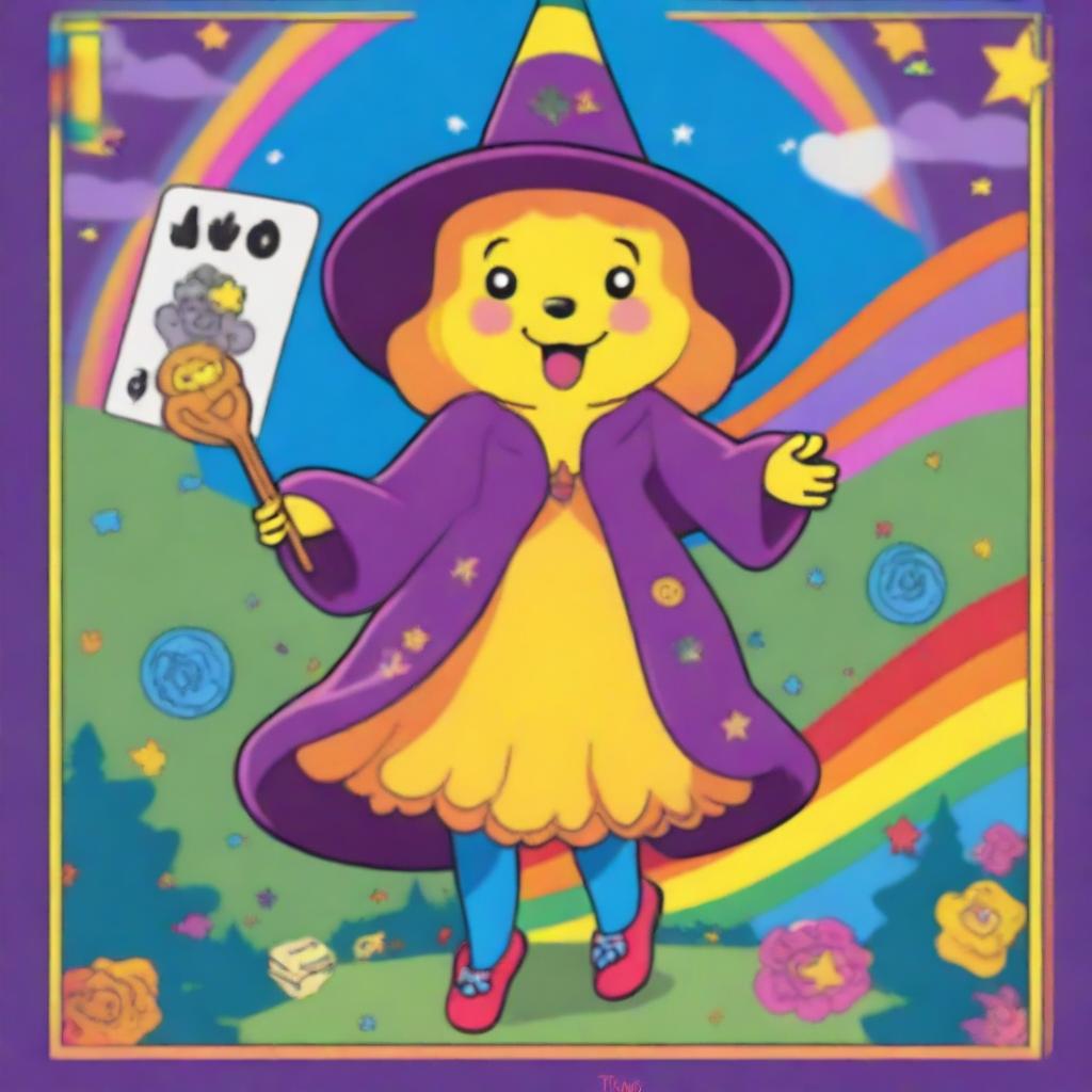 The Magician Tarot card reimagined with a cheerful witch as the main character, designed in the vibrant and iconic style of Care Bears