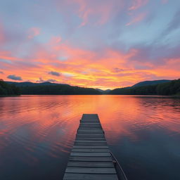 A serene sunset landscape over a calm lake surrounded by lush green forests
