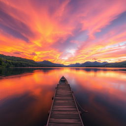 A serene sunset landscape over a calm lake surrounded by lush green forests