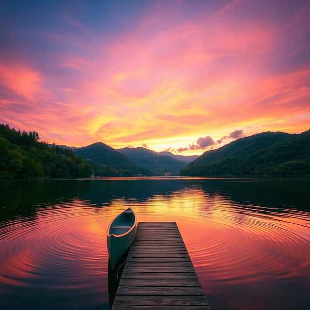 A serene sunset landscape over a calm lake surrounded by lush green forests