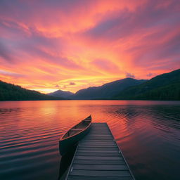 A serene sunset landscape over a calm lake surrounded by lush green forests