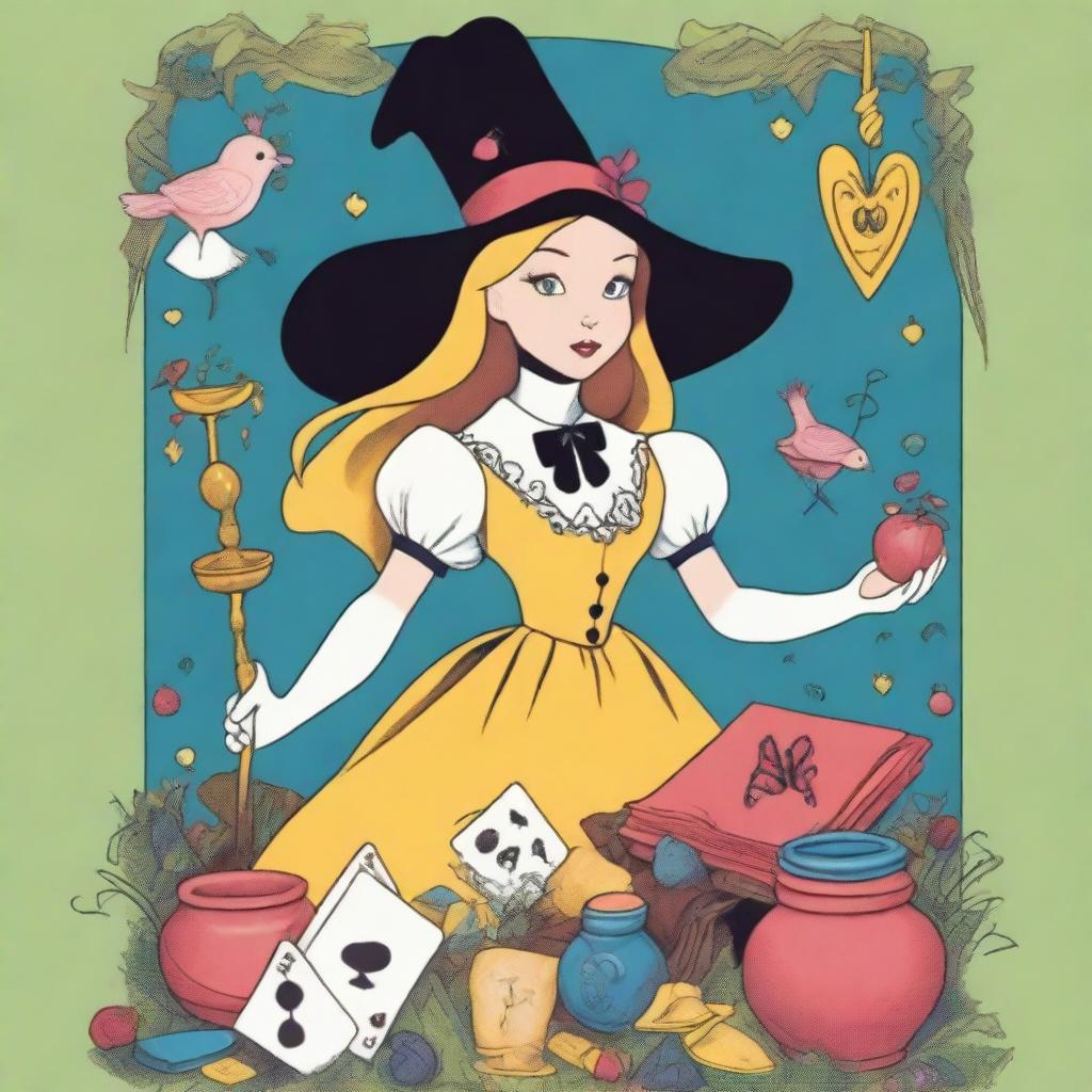 The Magician Tarot card brought to life with an ecstatic witch as the main character, imagined in the fantastical and whimsical style of 'Alice in Wonderland'