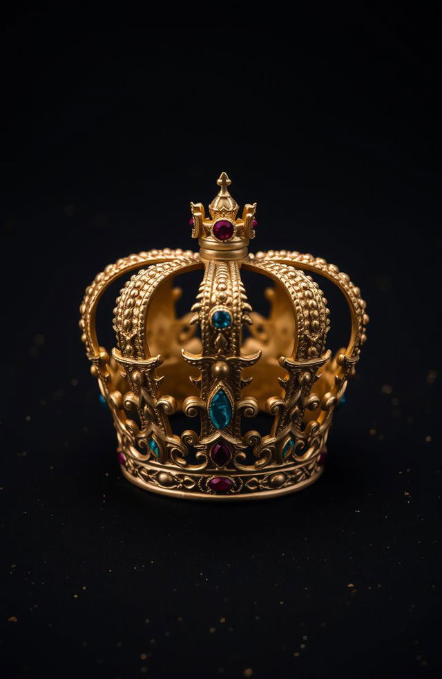 A beautifully designed crown inside a larger crown, both intricately detailed, sitting against a black background speckled with small shimmering gold flecks