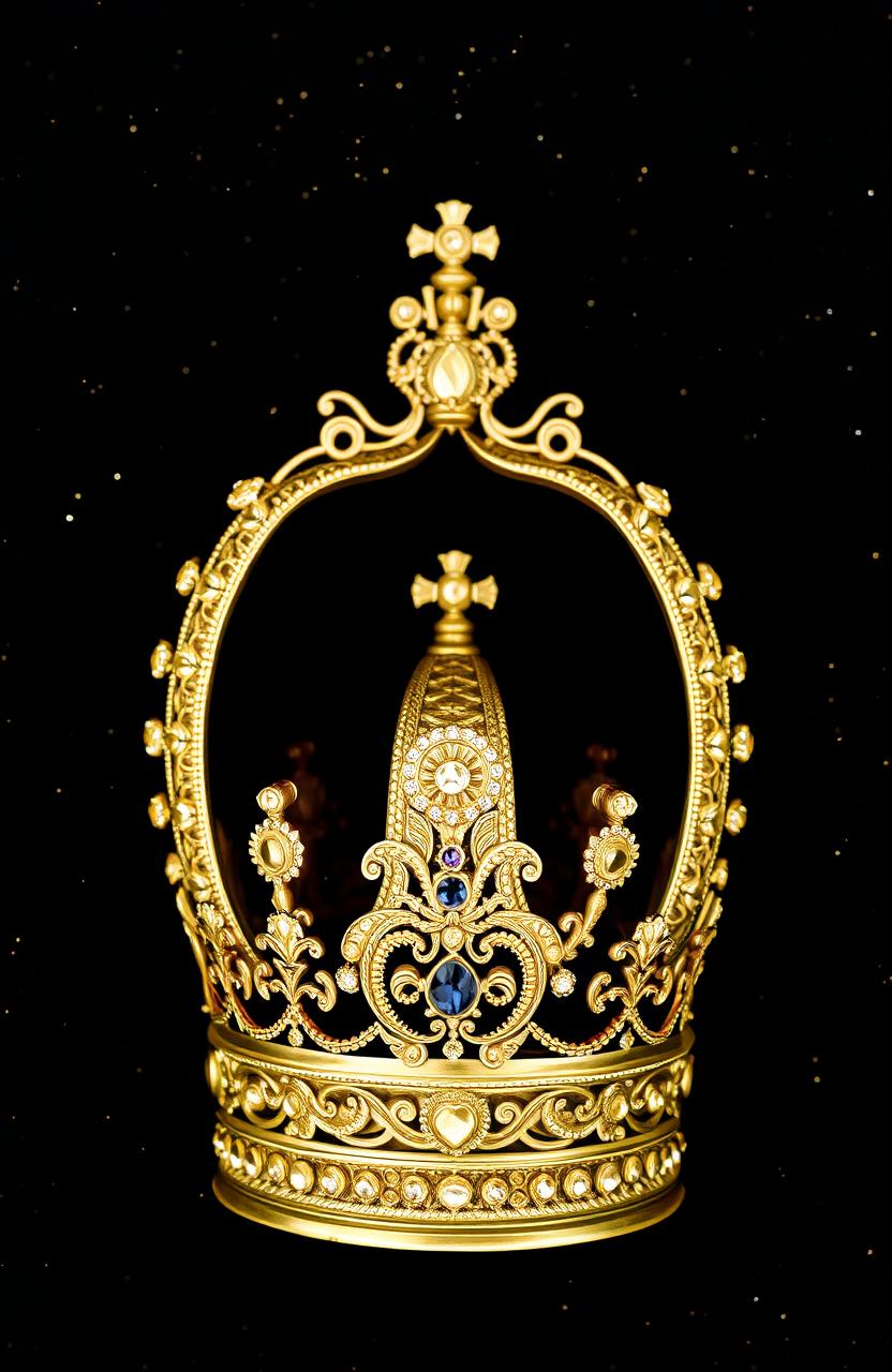 A beautifully designed crown inside a larger crown, both intricately detailed, sitting against a black background speckled with small shimmering gold flecks