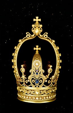 A beautifully designed crown inside a larger crown, both intricately detailed, sitting against a black background speckled with small shimmering gold flecks